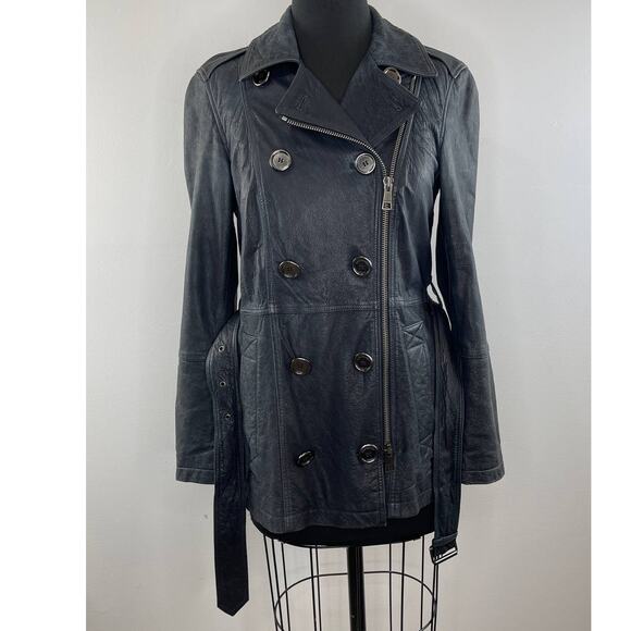 Burberry Brit Dark Blue Distressed Leather Belted Trench Coat Jacket US 6 UK 8 - Picture 10 of 16